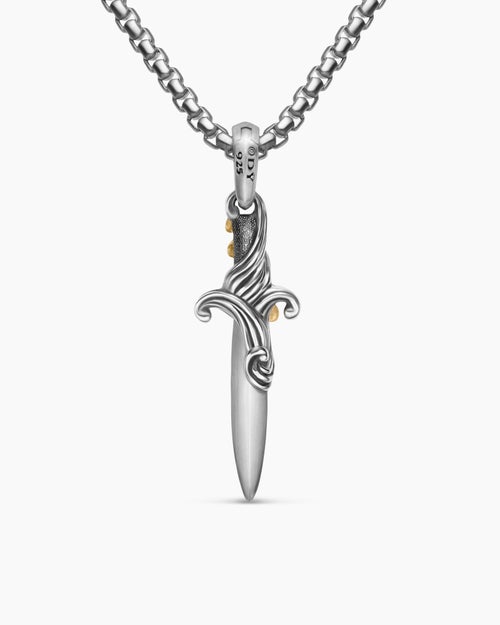 Mens Waves Dagger Amulet in Sterling Silver with 18K Yellow Gold with Diamonds, 31mm