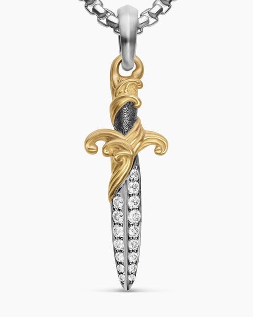 Mens Waves Dagger Amulet in Sterling Silver with 18K Yellow Gold with Diamonds, 31mm