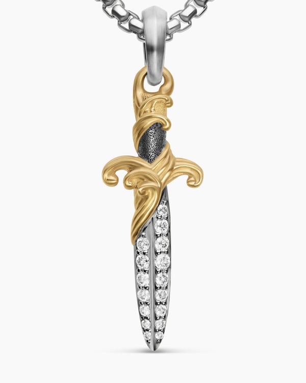 Waves Dagger Amulet in Sterling Silver with 18K Yellow Gold with Diamonds, 31mm