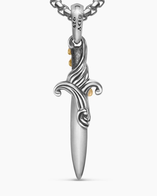 Mens Waves Dagger Amulet in Sterling Silver with 18K Yellow Gold with Diamonds, 31mm