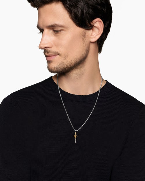 Mens Waves Dagger Amulet in Sterling Silver with 18K Yellow Gold with Diamonds, 31mm