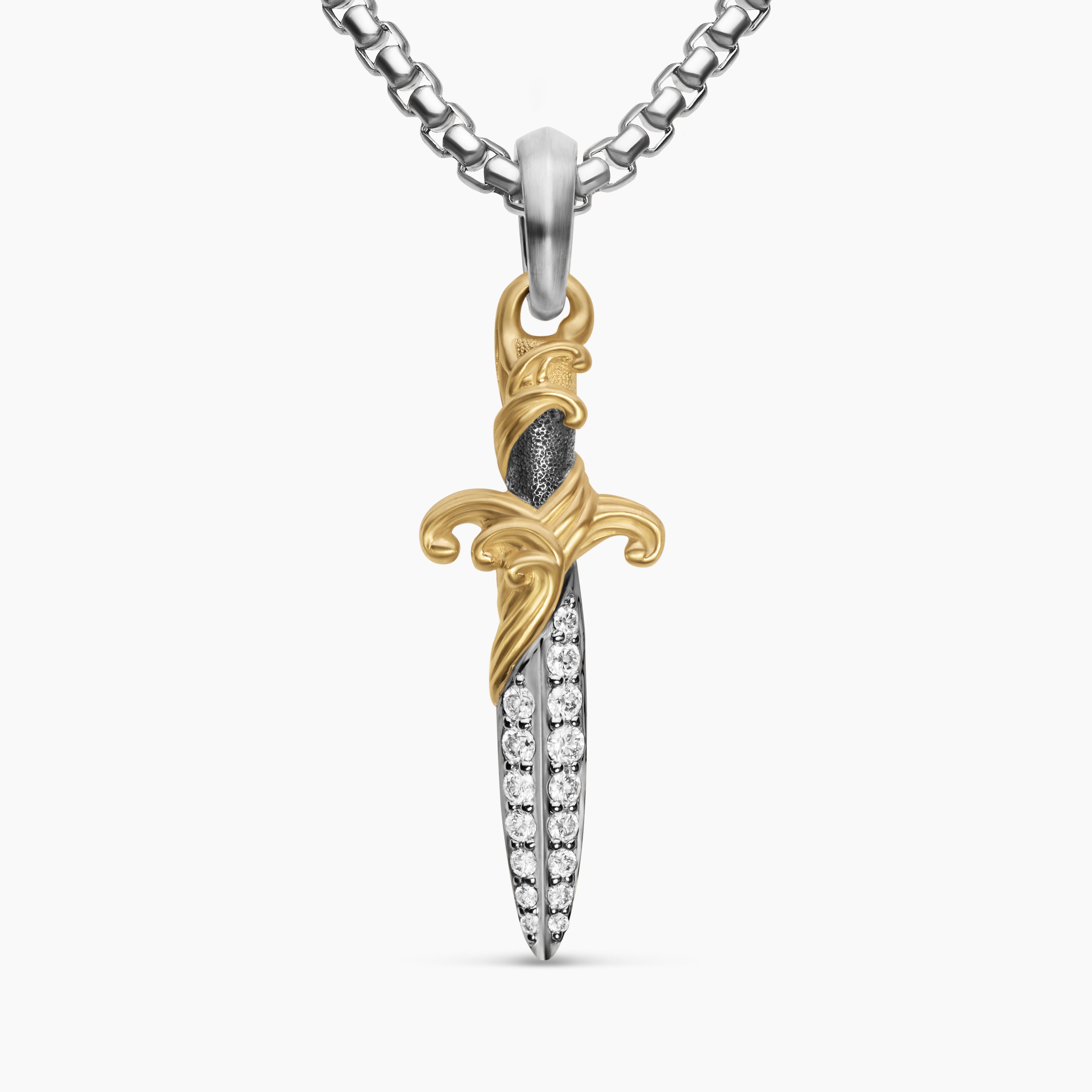 Amulette en forme de dague Waves en argent sterling avec or jaune 18 carats avec diamants, 31 mm hommes 