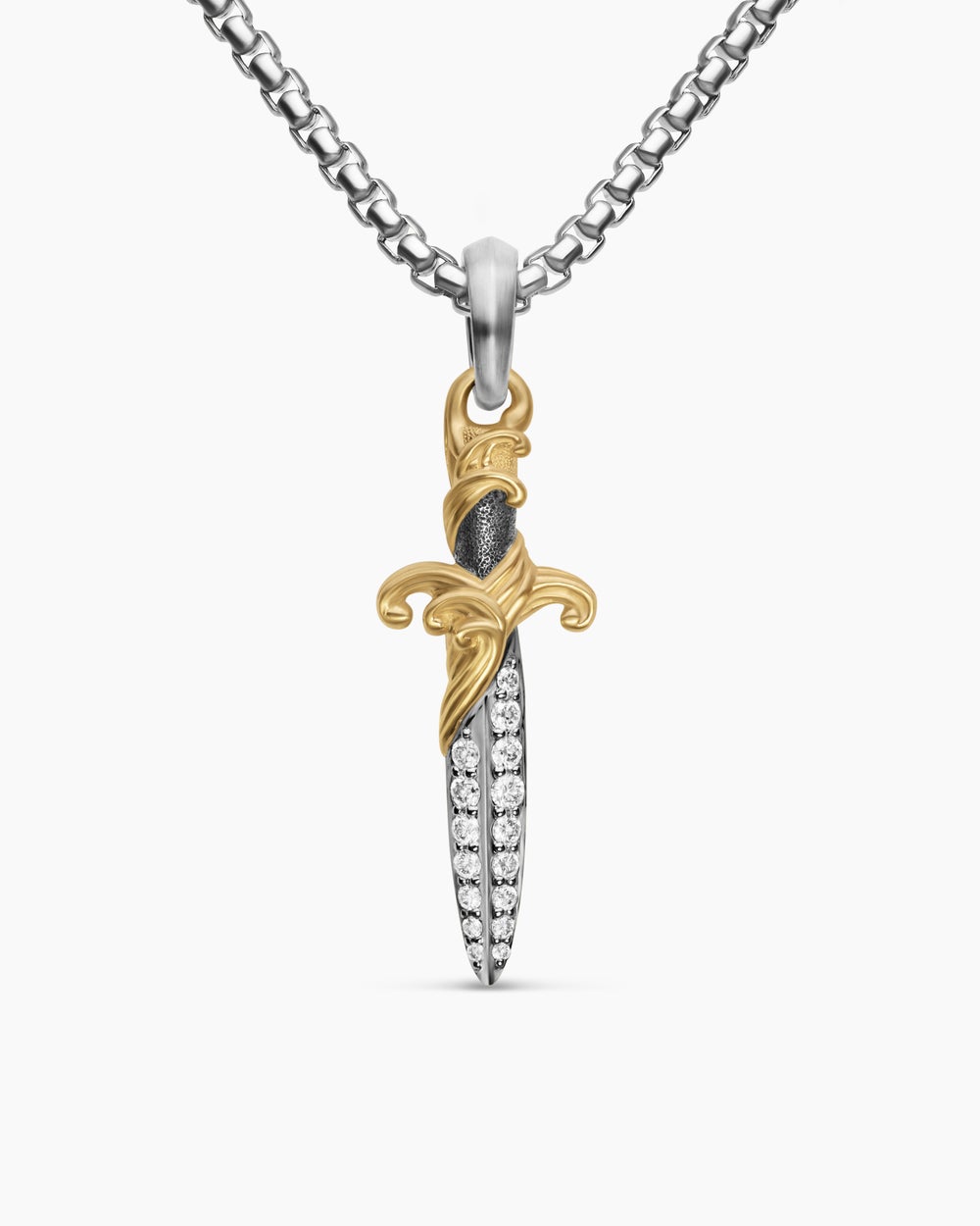 Mens Waves Dagger Amulet in Sterling Silver with 18K Yellow Gold with Diamonds, 31mm