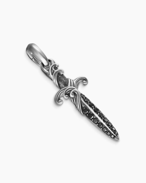 Mens Waves Dagger Amulet in Sterling Silver with Black Diamonds, 31mm