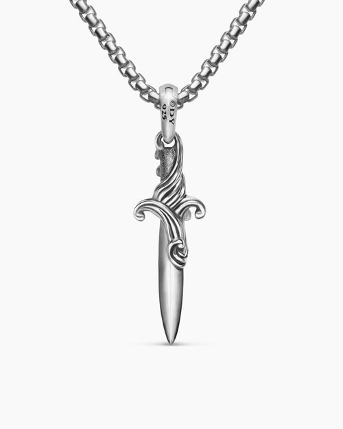 Mens Waves Dagger Amulet in Sterling Silver with Black Diamonds, 31mm