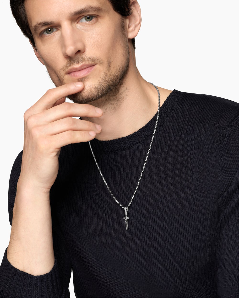 Amulette en forme de dague Waves en argent sterling avec diamants noirs, 31 mm hommes