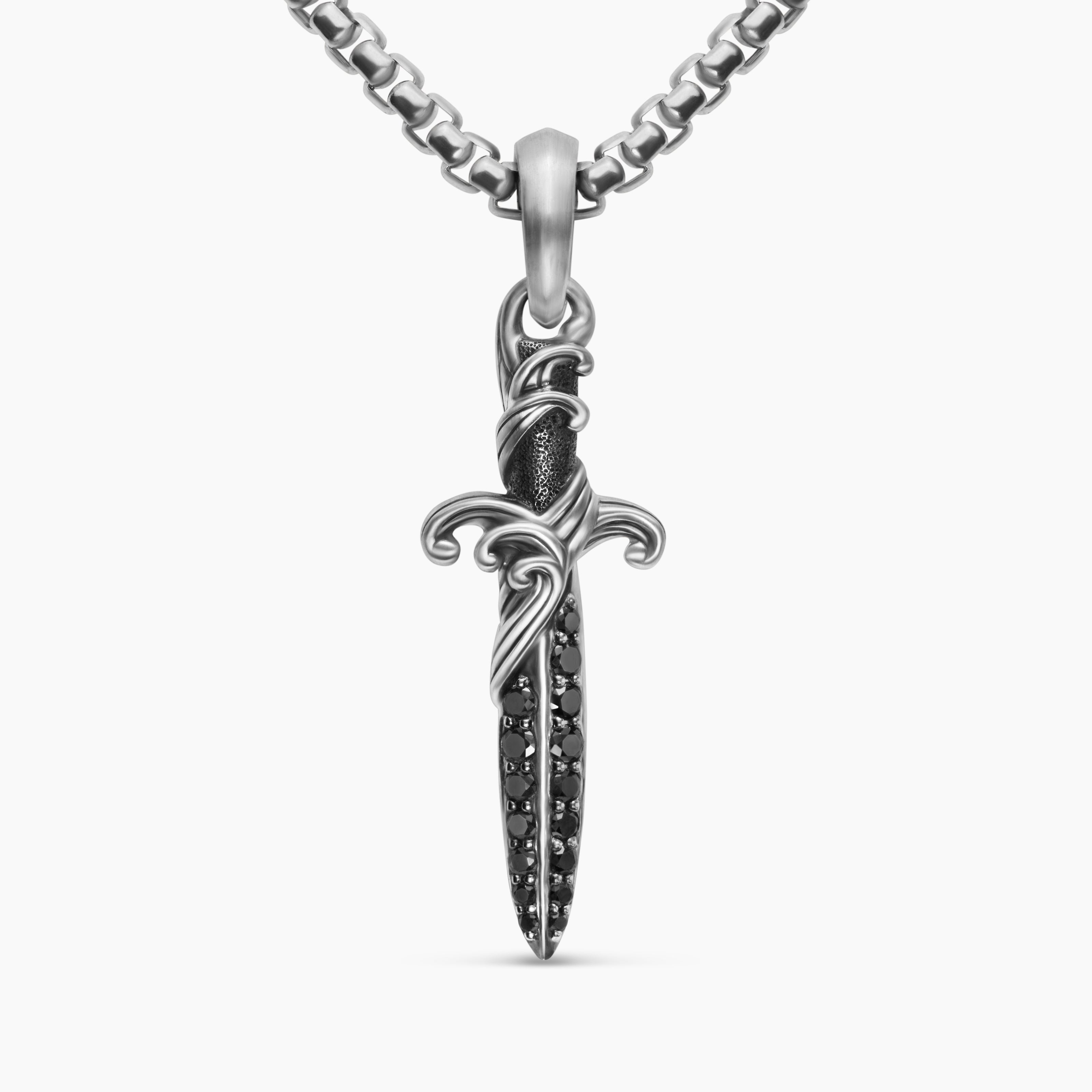 Mens Waves Dagger Amulet in Sterling Silver with Black Diamonds, 31mm