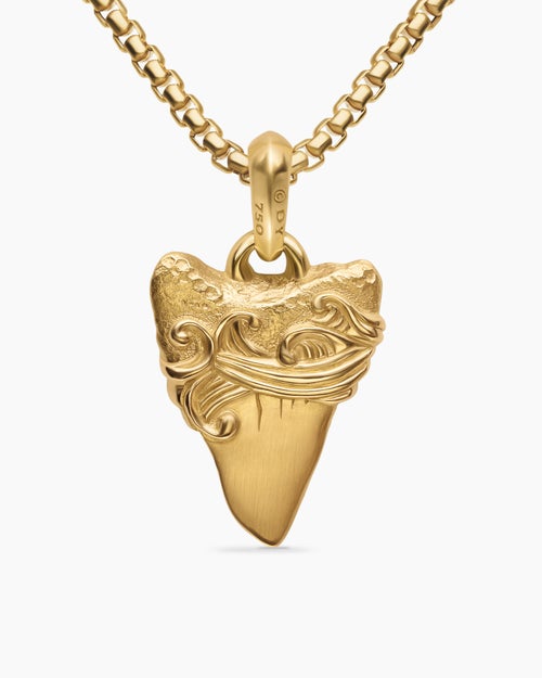 Mens Waves Shark Tooth Amulet in 18K Yellow Gold, 25mm