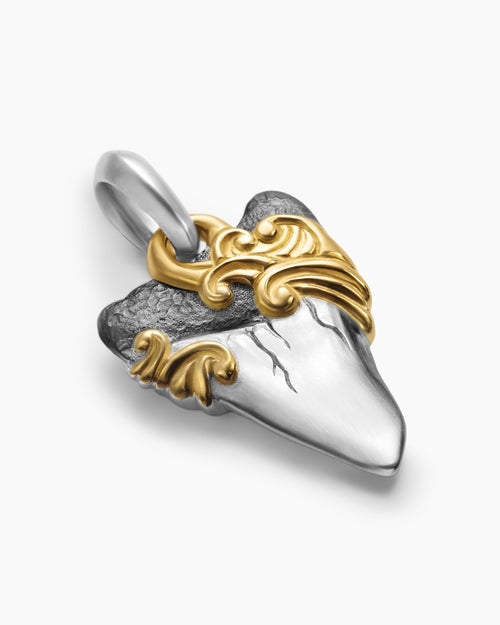 Mens Waves Shark Tooth Amulet in Sterling Silver with 18K Yellow Gold, 25mm