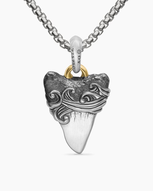 Mens Waves Shark Tooth Amulet in Sterling Silver with 18K Yellow Gold, 25mm