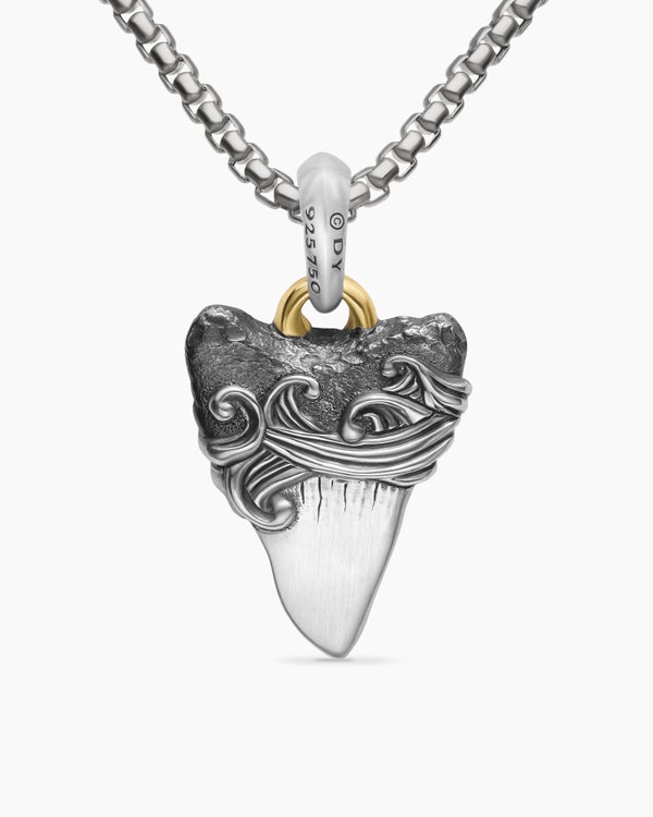 Waves Shark Tooth Amulet in Sterling Silver with 18K Yellow Gold, 25mm