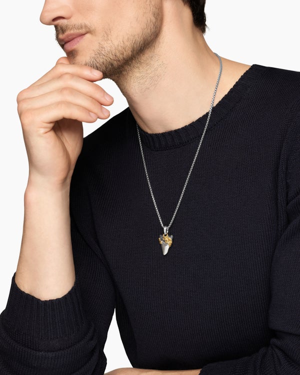 Waves Shark Tooth Amulet in Sterling Silver with 18K Yellow Gold, 25mm