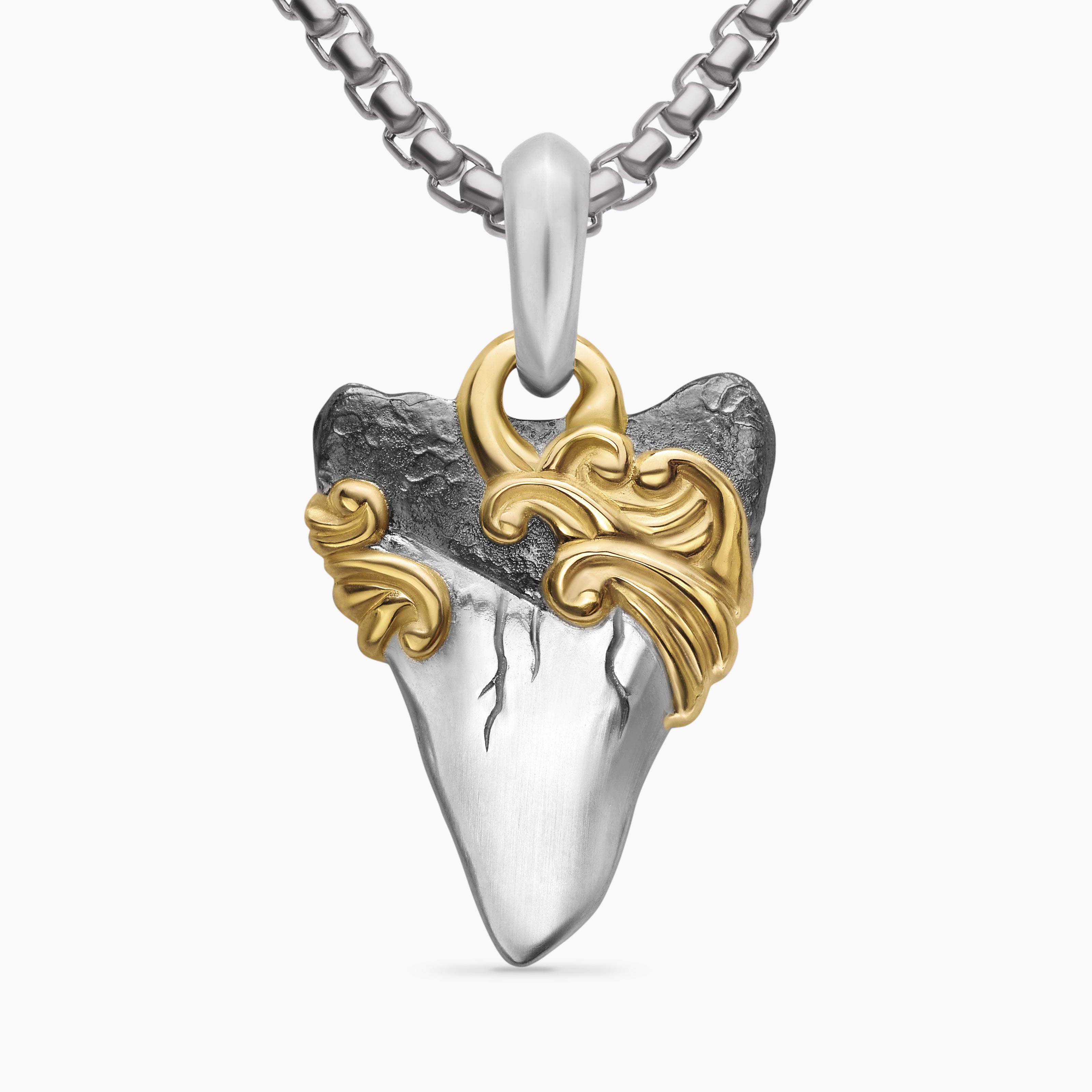 Mens Waves Shark Tooth Amulet in Sterling Silver with 18K Yellow Gold, 25mm