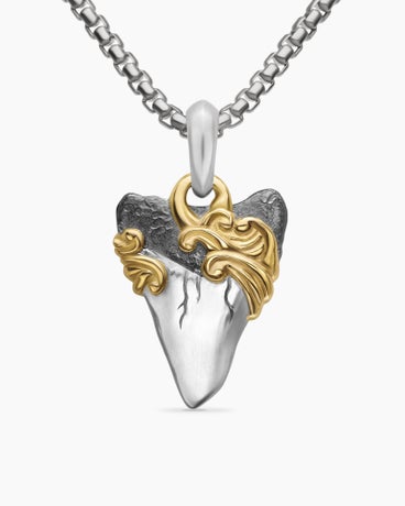 Waves Shark Tooth Amulet in Sterling Silver with 18K Yellow Gold, 25mm