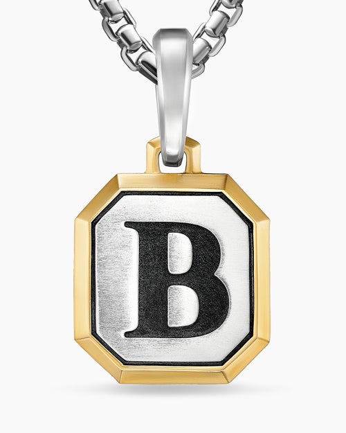 Mens B Initial Amulet in Sterling Silver with 14K Yellow Gold, 17mm
