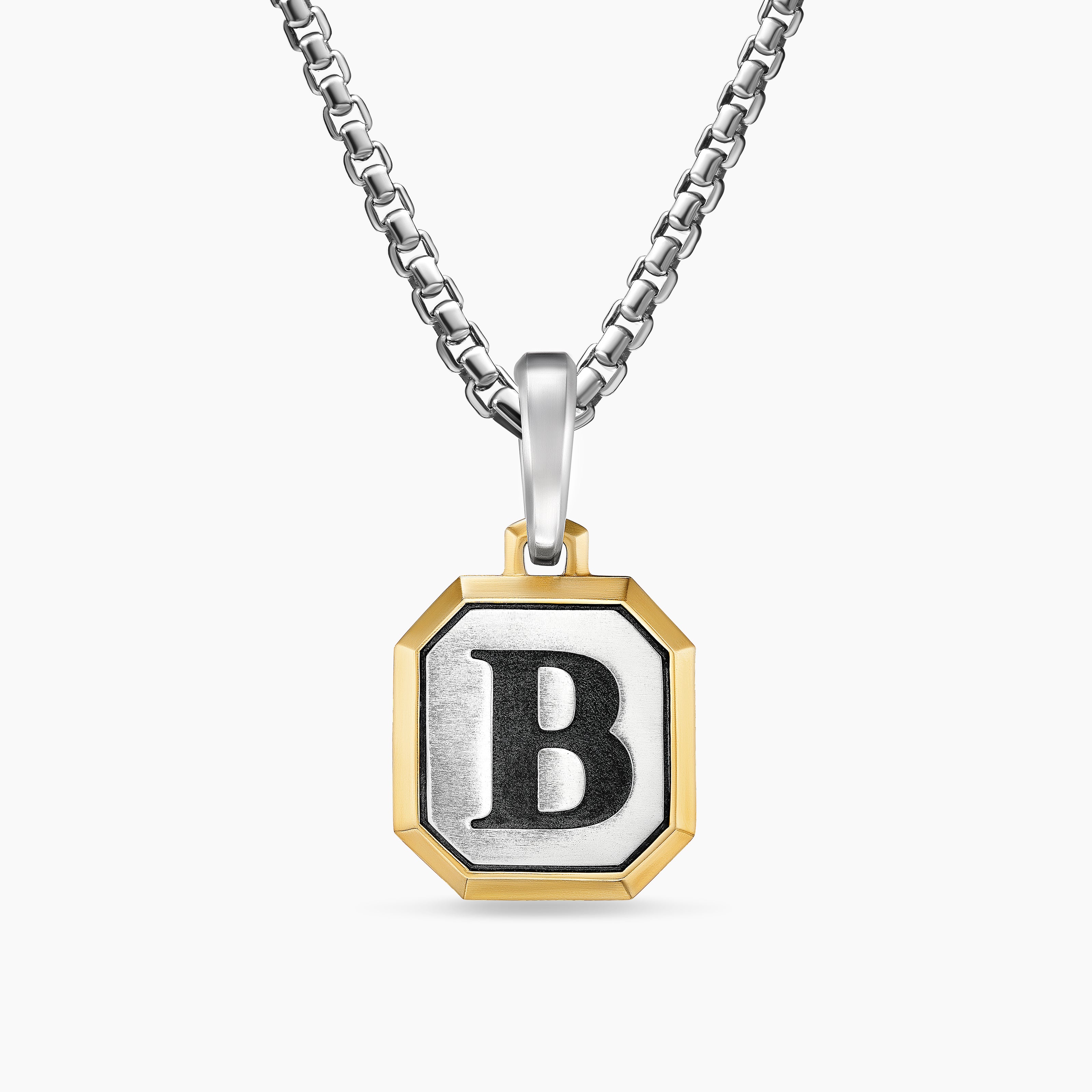 Mens B Initial Amulet in Sterling Silver with 14K Yellow Gold, 17mm