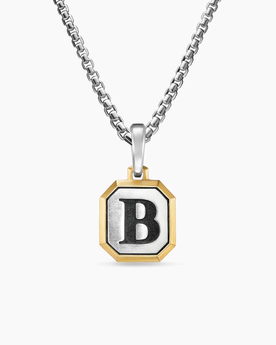 B Initial Amulet in Sterling Silver with 14K Yellow Gold, 17mm