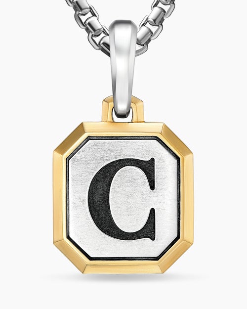 Mens C Initial Amulet in Sterling Silver with 14K Yellow Gold, 17mm