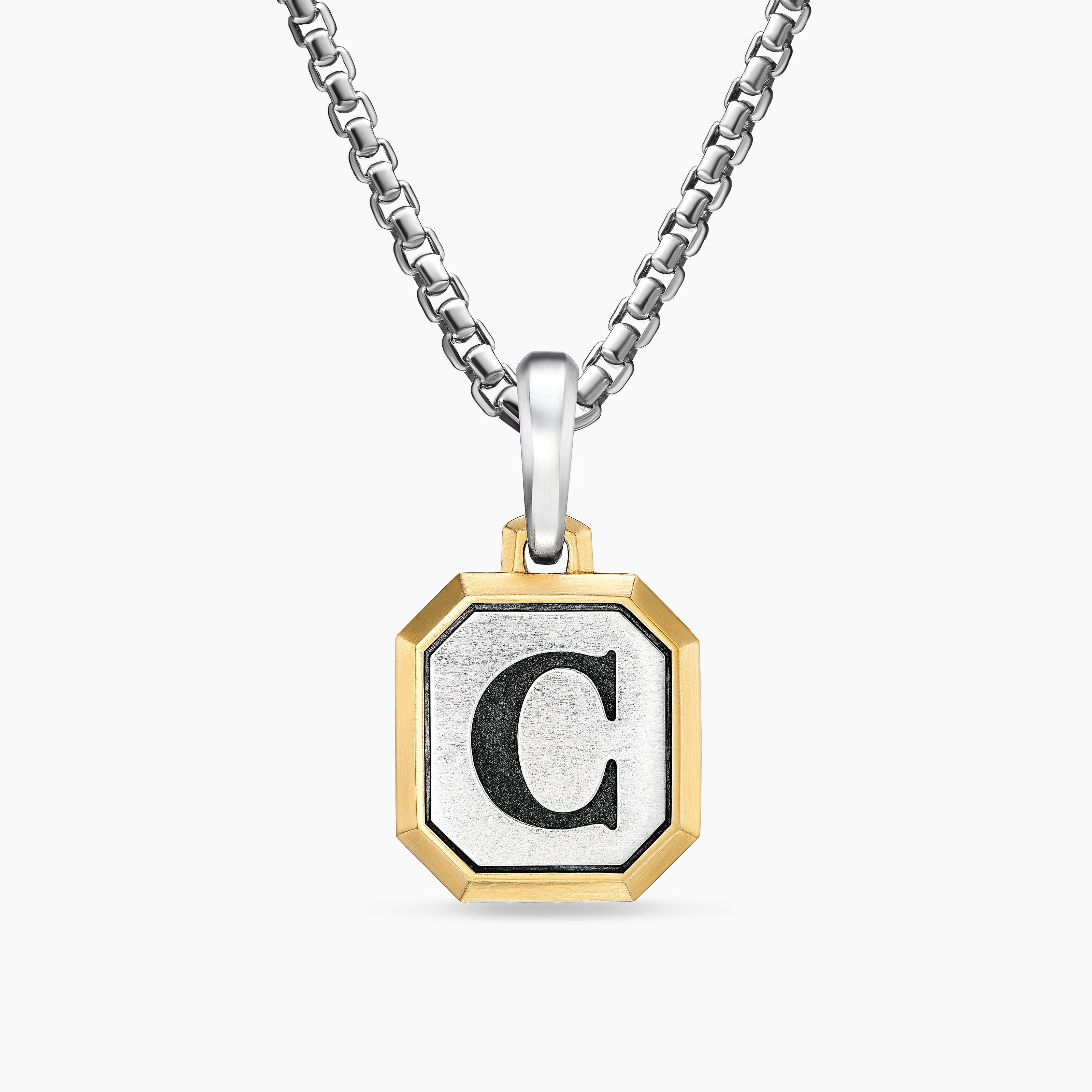 Mens C Initial Amulet in Sterling Silver with 14K Yellow Gold, 17mm