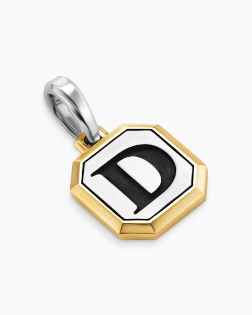 Mens D Initial Amulet in Sterling Silver with 14K Yellow Gold, 17mm