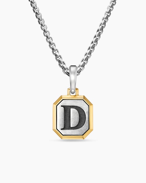 Mens D Initial Amulet in Sterling Silver with 14K Yellow Gold, 17mm