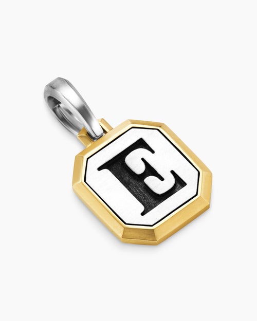 Mens E Initial Amulet in Sterling Silver with 14K Yellow Gold, 17mm