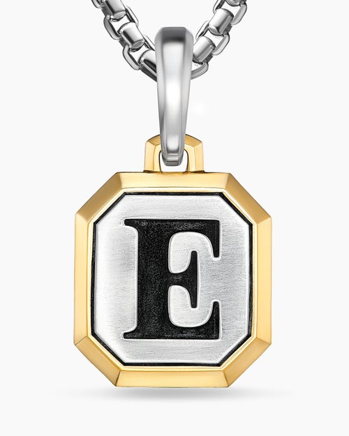 Mens E Initial Amulet in Sterling Silver with 14K Yellow Gold, 17mm