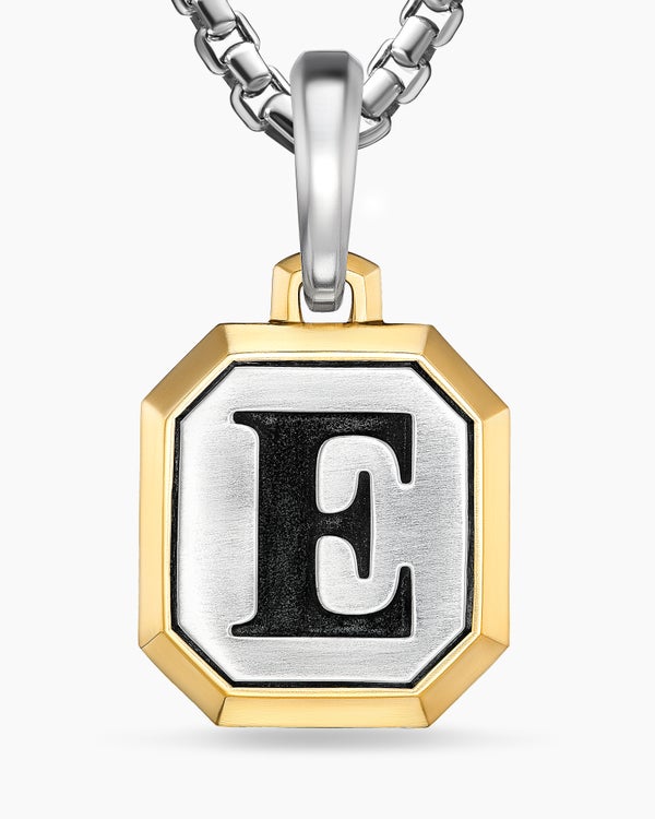 E Initial Amulet in Sterling Silver with 14K Yellow Gold, 17mm