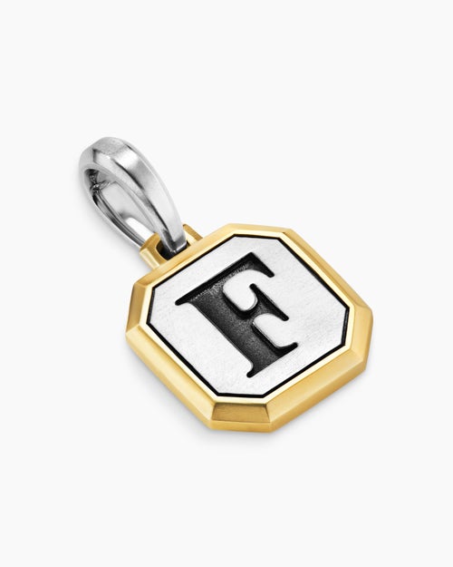 Mens F Initial Amulet in Sterling Silver with 14K Yellow Gold, 17mm
