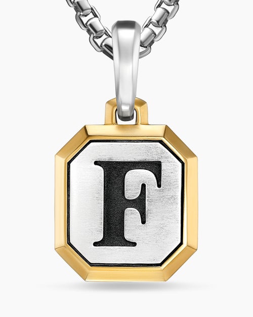 Mens F Initial Amulet in Sterling Silver with 14K Yellow Gold, 17mm