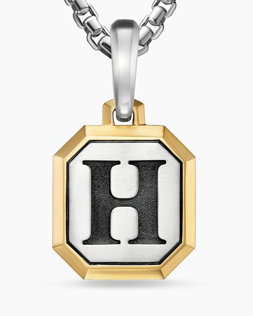 Mens H Initial Amulet in Sterling Silver with 14K Yellow Gold, 17mm