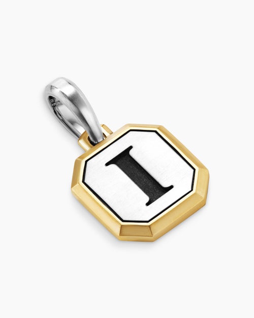 Mens I Initial Amulet in Sterling Silver with 14K Yellow Gold, 17mm