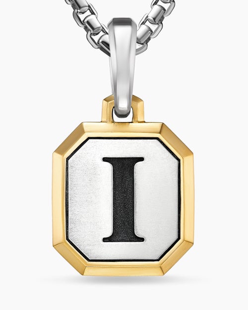 Mens I Initial Amulet in Sterling Silver with 14K Yellow Gold, 17mm
