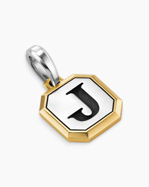 Mens J Initial Amulet in Sterling Silver with 14K Yellow Gold, 17mm