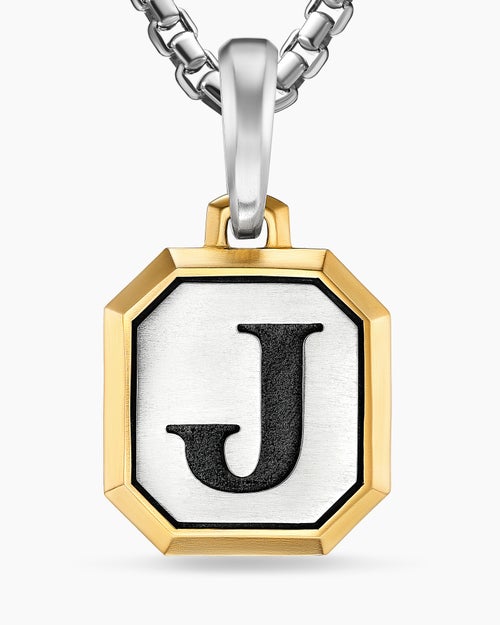 Mens J Initial Amulet in Sterling Silver with 14K Yellow Gold, 17mm
