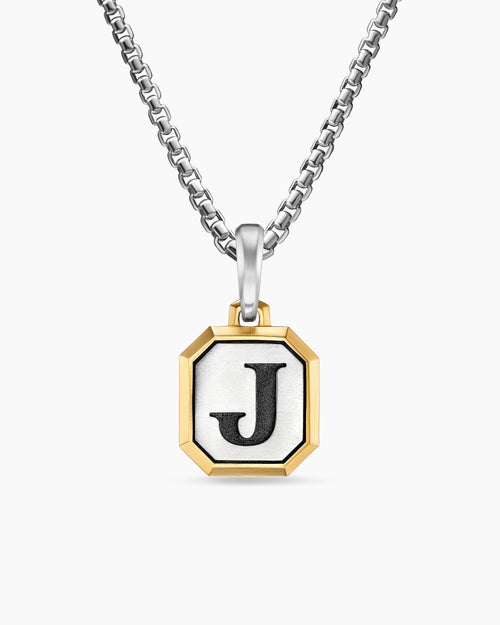 Mens J Initial Amulet in Sterling Silver with 14K Yellow Gold, 17mm
