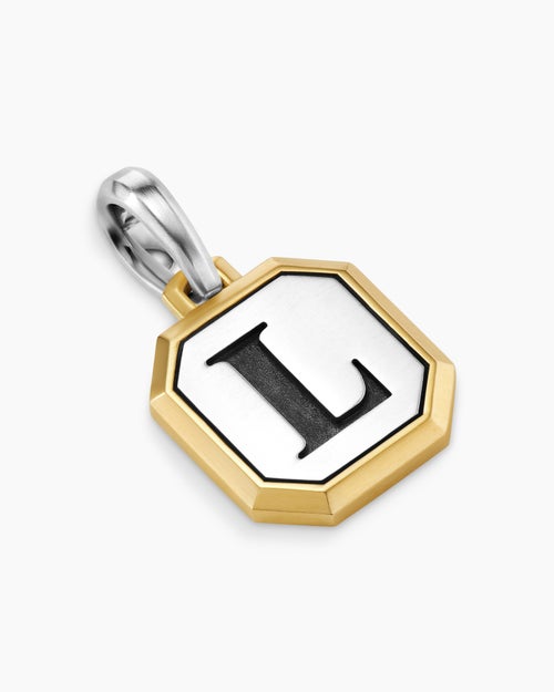 Mens L Initial Amulet in Sterling Silver with 14K Yellow Gold, 17mm
