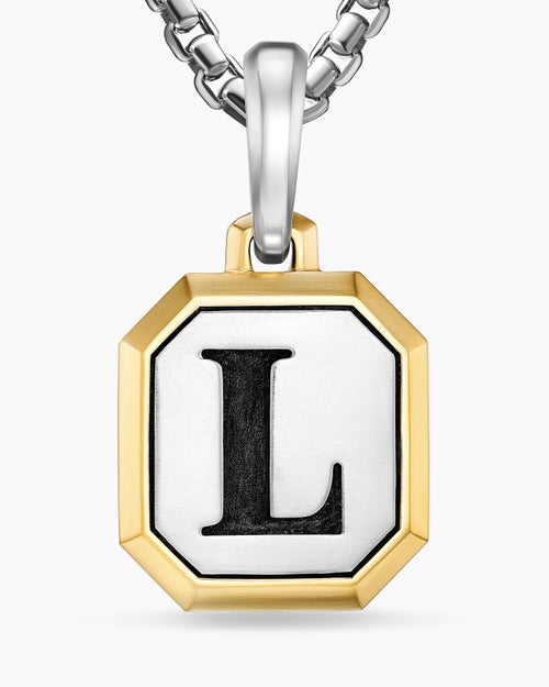 Mens L Initial Amulet in Sterling Silver with 14K Yellow Gold, 17mm