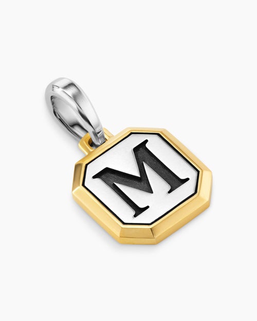 Mens M Initial Amulet in Sterling Silver with 14K Yellow Gold, 17mm