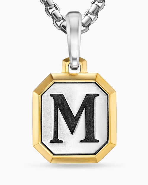 Mens M Initial Amulet in Sterling Silver with 14K Yellow Gold, 17mm