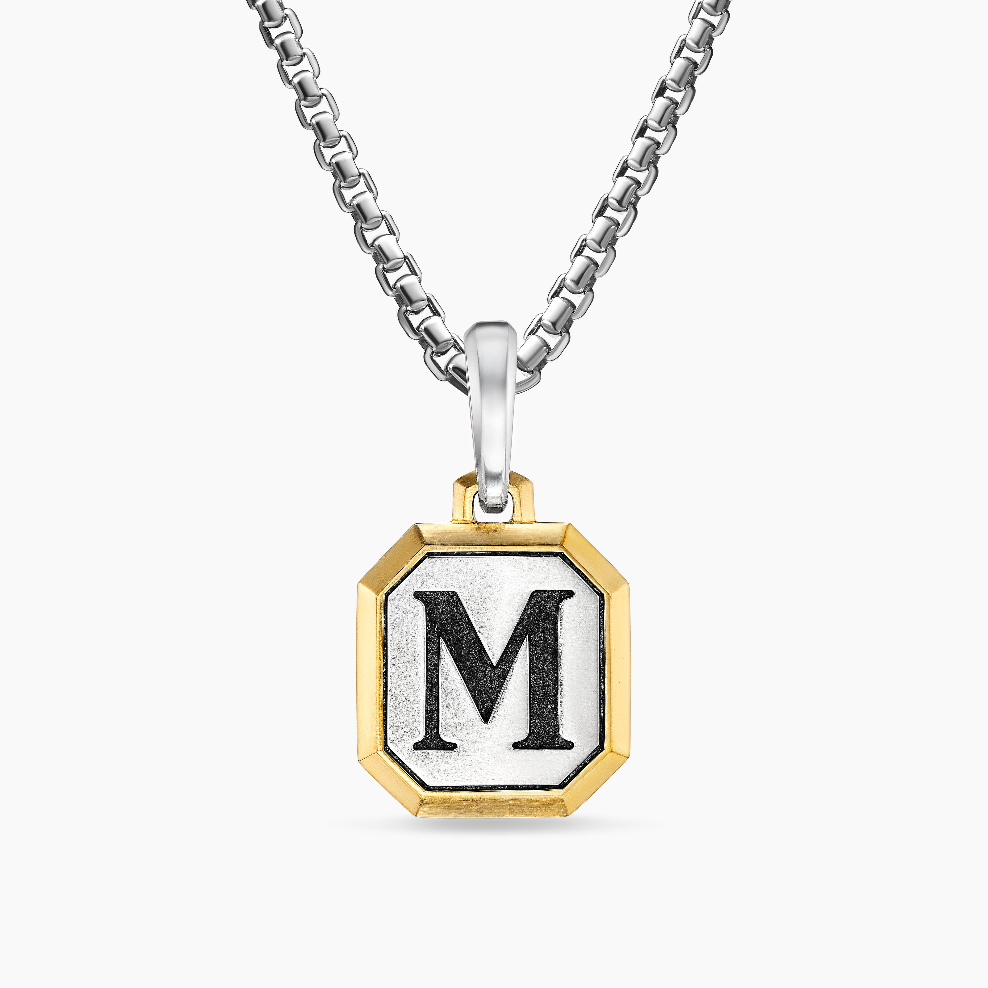 Mens M Initial Amulet in Sterling Silver with 14K Yellow Gold, 17mm