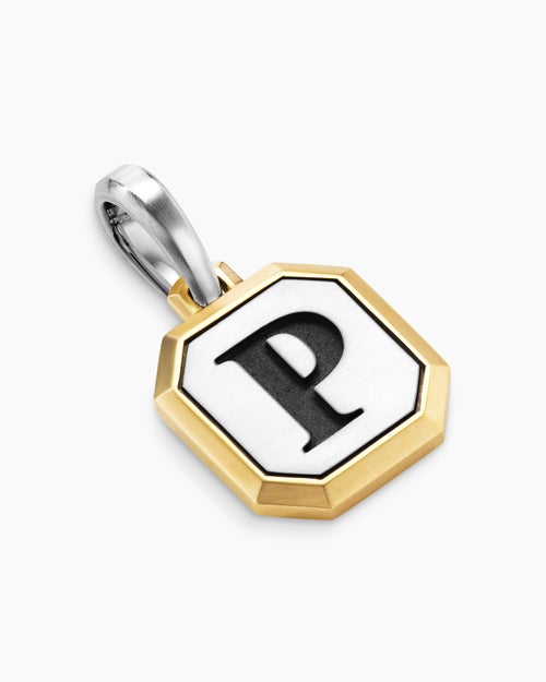 Mens P Initial Amulet in Sterling Silver with 14K Yellow Gold, 17mm