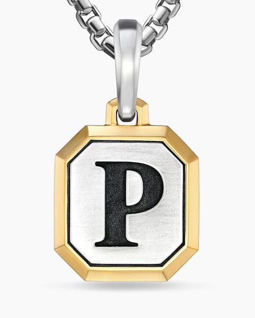 Mens P Initial Amulet in Sterling Silver with 14K Yellow Gold, 17mm