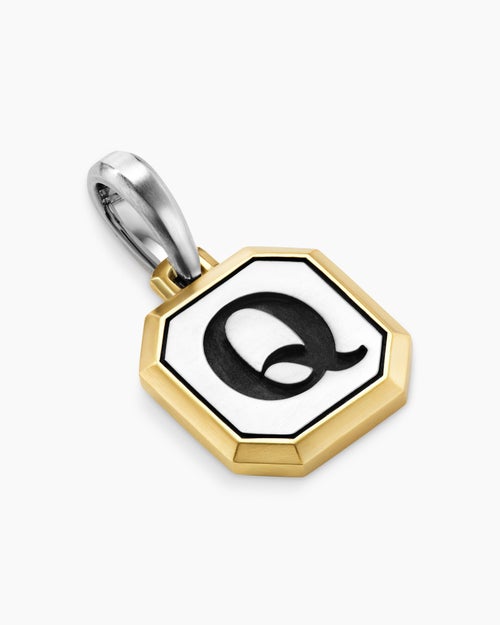 Mens Q Initial Amulet in Sterling Silver with 14K Yellow Gold, 17mm