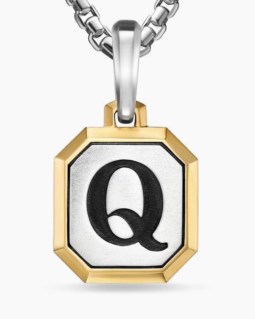 Mens Q Initial Amulet in Sterling Silver with 14K Yellow Gold, 17mm