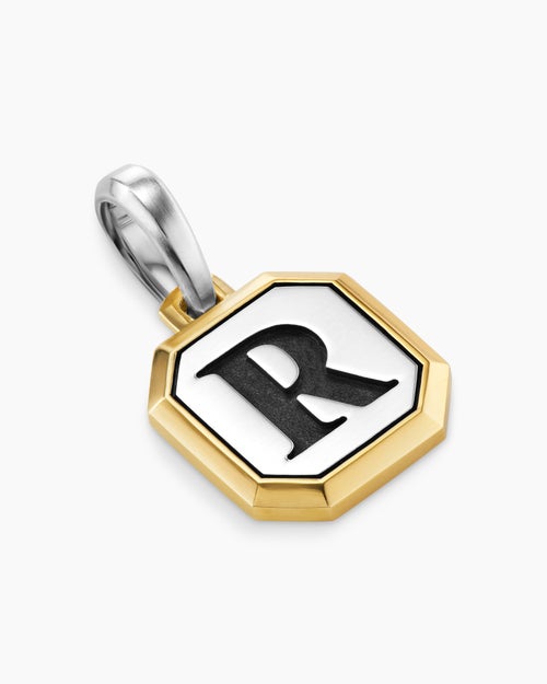 Mens R Initial Amulet in Sterling Silver with 14K Yellow Gold, 17mm