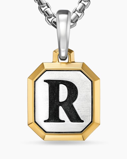 Mens R Initial Amulet in Sterling Silver with 14K Yellow Gold, 17mm