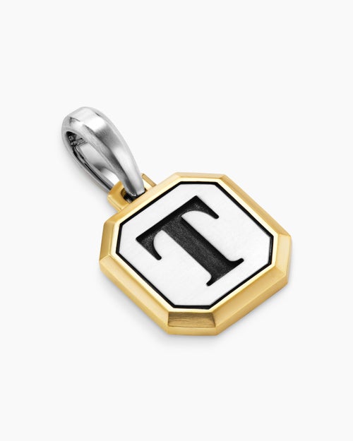 Mens T Initial Amulet in Sterling Silver with 14K Yellow Gold, 17mm