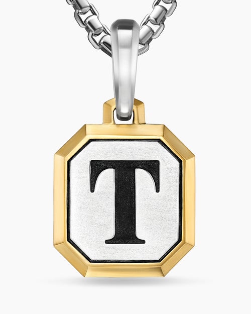 Mens T Initial Amulet in Sterling Silver with 14K Yellow Gold, 17mm