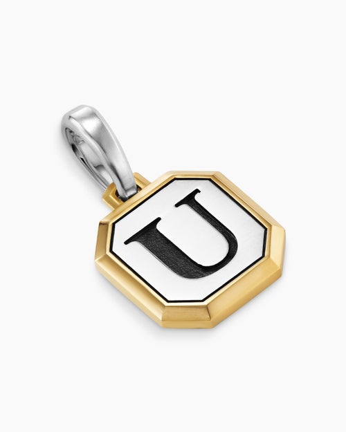 Mens U Initial Amulet in Sterling Silver with 14K Yellow Gold, 17mm